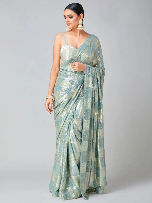 Bollywood Inspired Heavy Georgette Sequins Sky Blue Saree