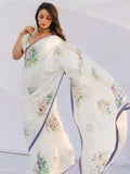 Alia Inspired White Georgette Satin Saree with Floral Digital Print-1  Celebrity Drapes