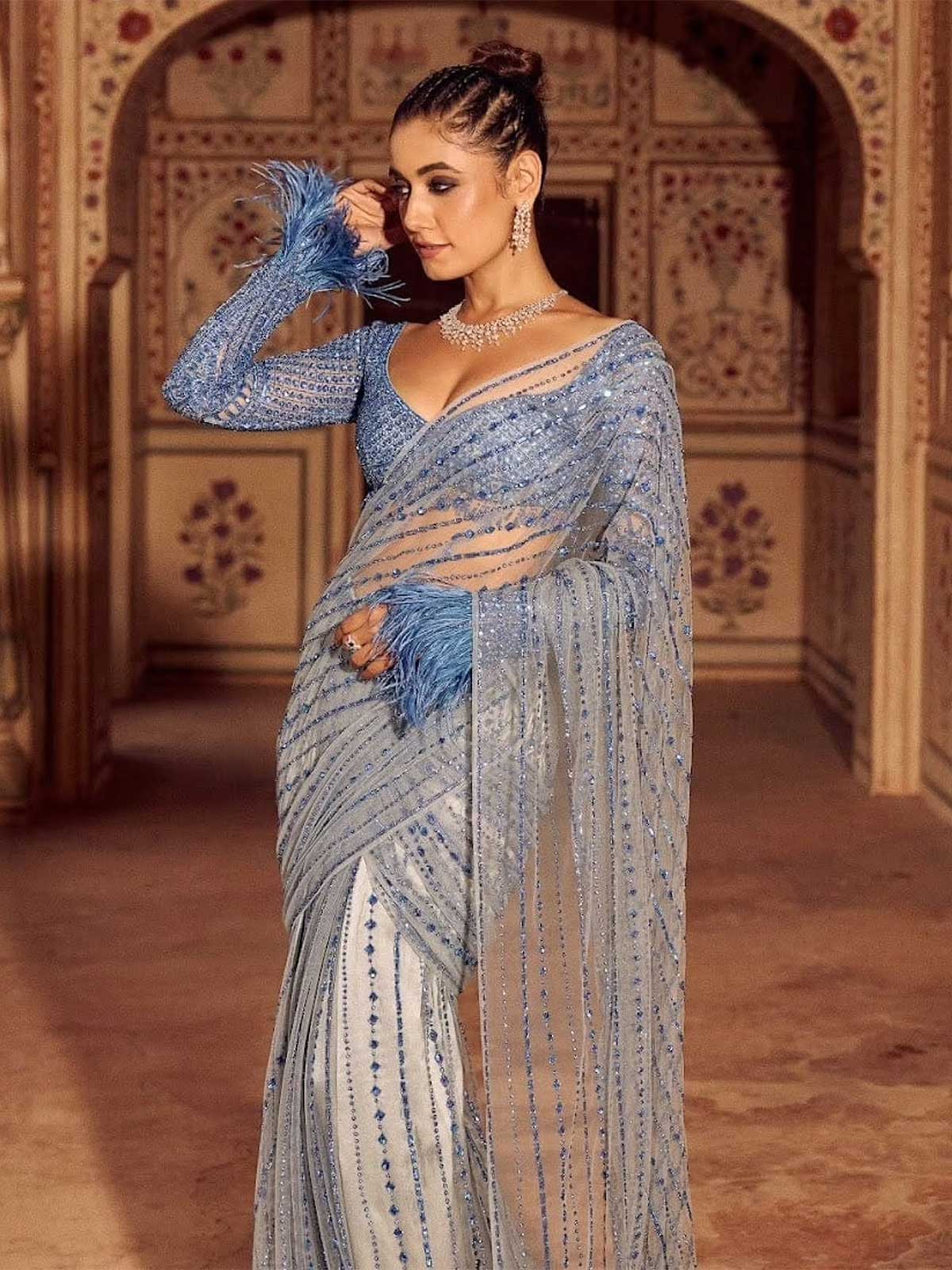Bollywood inspired Sequins Designer Full Net Blue Saree-1  Celebrity Drapes