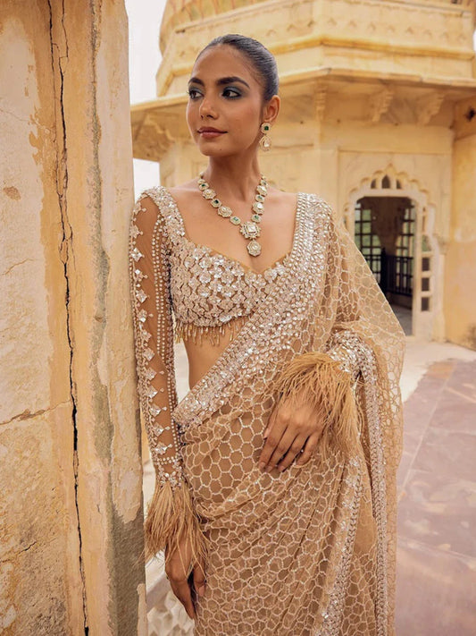 Bollywood Inspired Golden Honeycomb Pattern Net Saree with Tassel Border-70430146101329