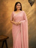 Bollywood Inspired Pink Soft Net Saree with Sequins and Beads Work