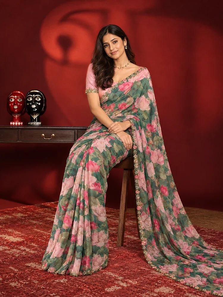 Manju Inspired Lightweight Floral Print Saree with Delicate Embroidery and Pink Blouse