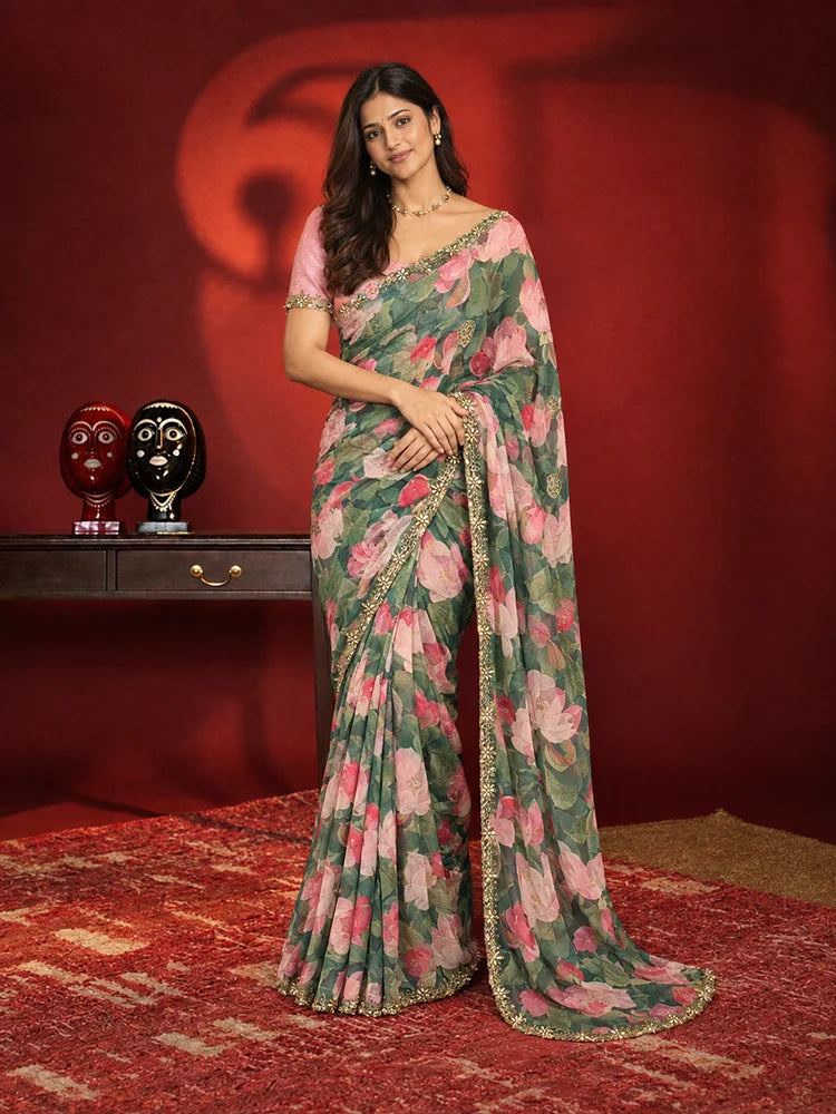 Manju Inspired Lightweight Floral Print Saree with Delicate Embroidery and Pink Blouse