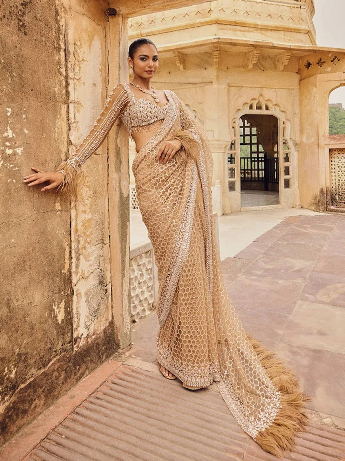 Bollywood Inspired Golden Honeycomb Pattern Net Saree with Tassel Border-70430146166865