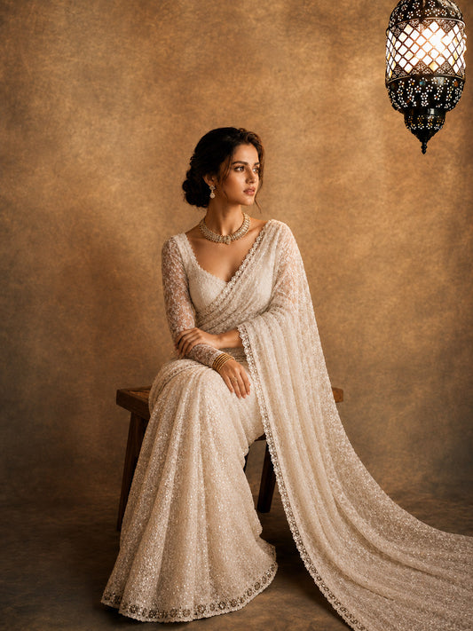 Bollywood Inspired Designer Fancy White Net Saree-71851525177425