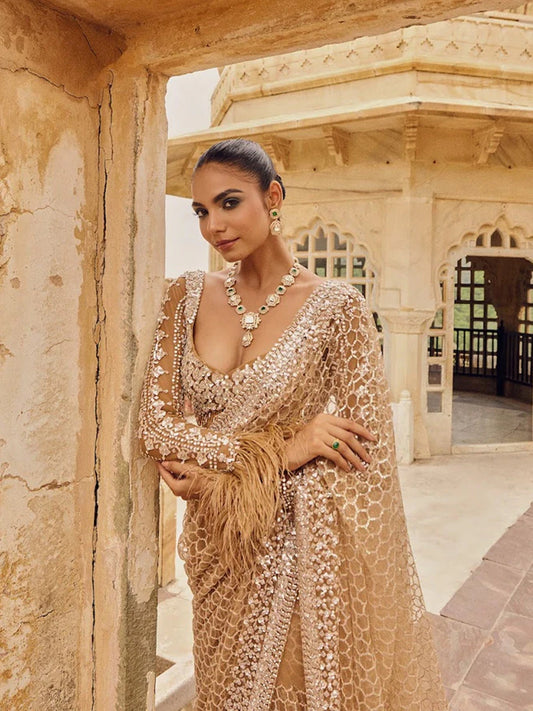 Bollywood Inspired Golden Honeycomb Pattern Net Saree with Tassel Border-70430146134097