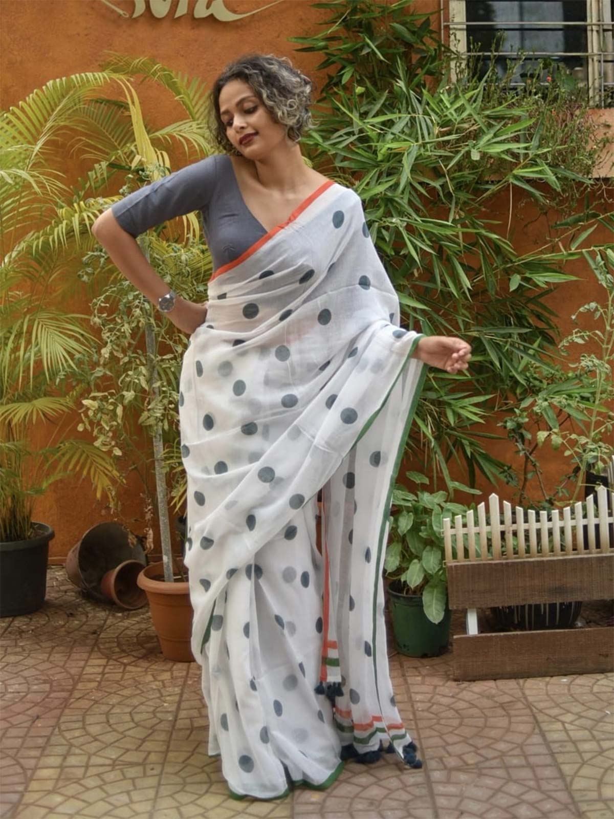 White Polka Dot Saree with Tricolor Border – Elegant Republic Day Look