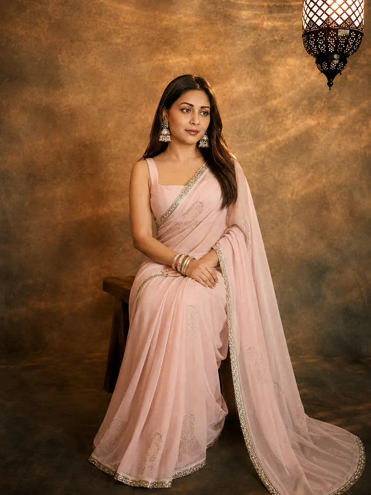 Peach Georgette Saree with Embroidery and Lace Detailing