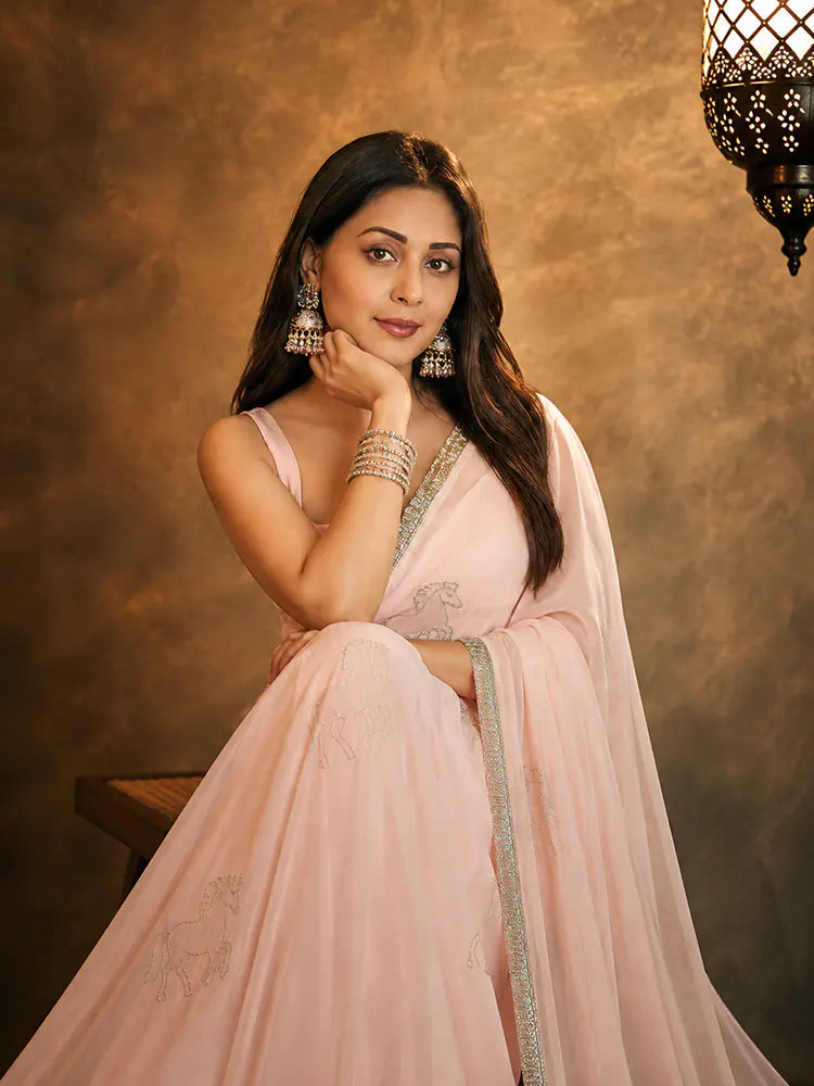Peach Georgette Saree with Embroidery and Lace Detailing