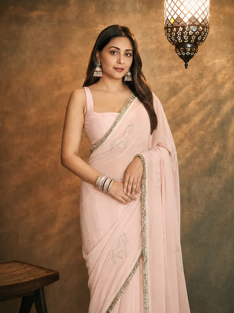 Peach Georgette Saree with Embroidery and Lace Detailing-71930684407889