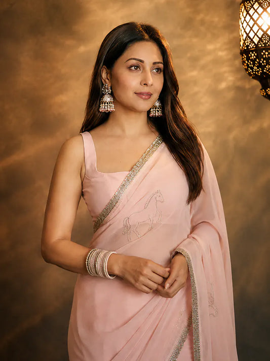 Bollywood Inspired Peach Georgette Saree with Embroidery and Lace Detailing-71930685030481