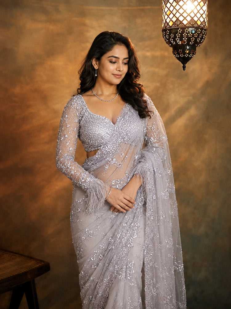 Bollywood Inspired Sequins Designer Purple Net Saree