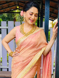 Madhuri Inspired Peach Palm Blooms Tissue Saree with Golden Lace Border