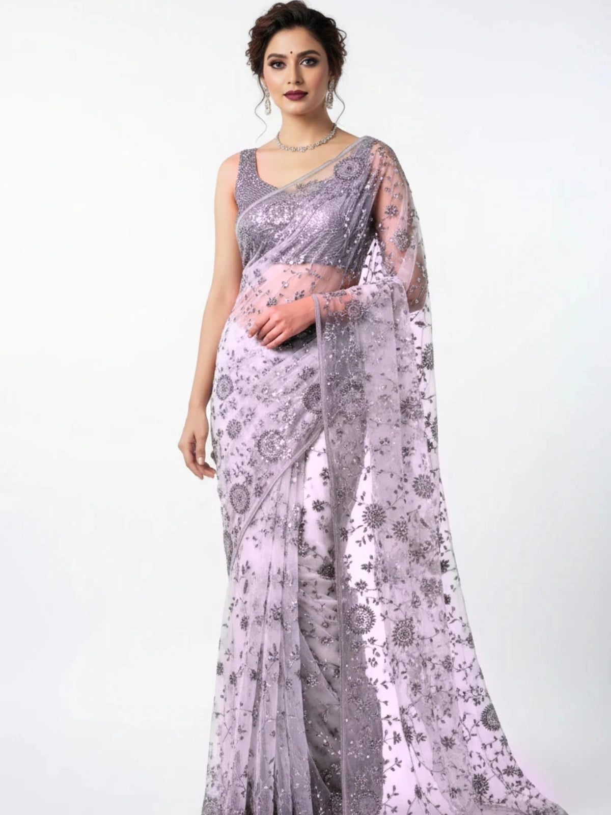 Bollywood Inspired Sequins Designer Purple Net Saree-70877876355153