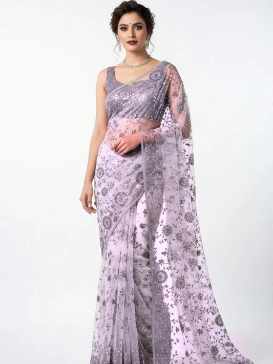 Bollywood Inspired Sequins Designer Purple Net Saree-70877876355153