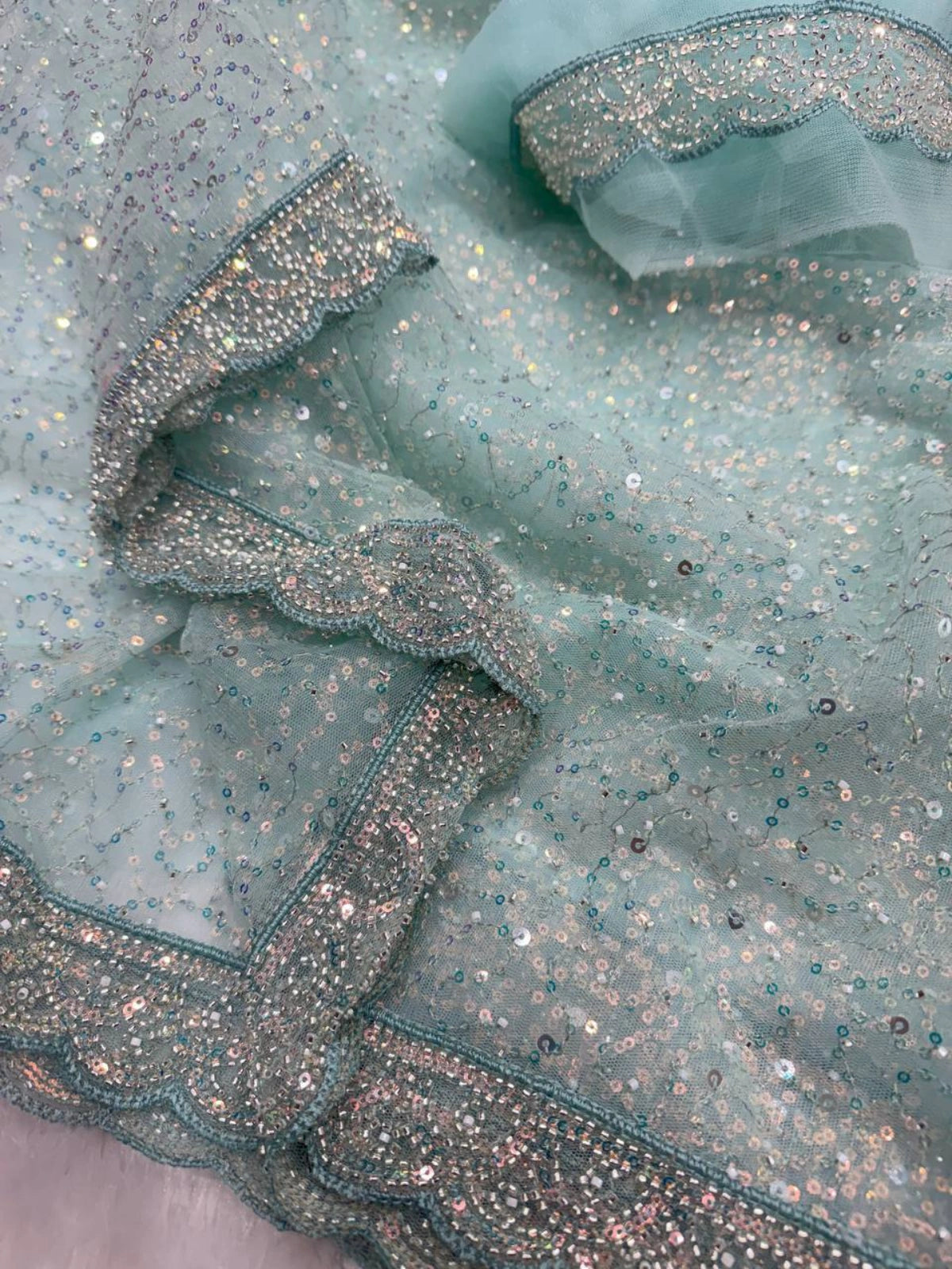 Bollywood Inspired Aqua Blue Soft Net Saree with Beautiful Sequins and Beads Work