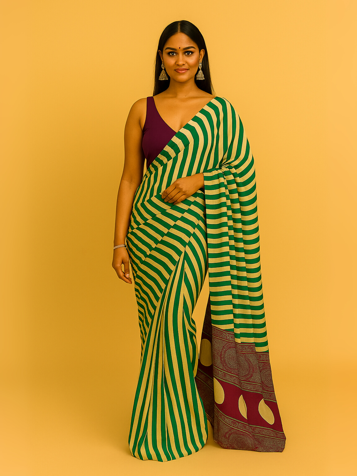 Ajrakh Printed Satin Crepe Silk Saree in Emerald Green & White Striped | Lightweight Daily Wear with Blouse Piece-1  Celebrity Drapes