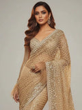 Bollywood Inspired Golden Honeycomb Pattern Net Saree with Tassel Border