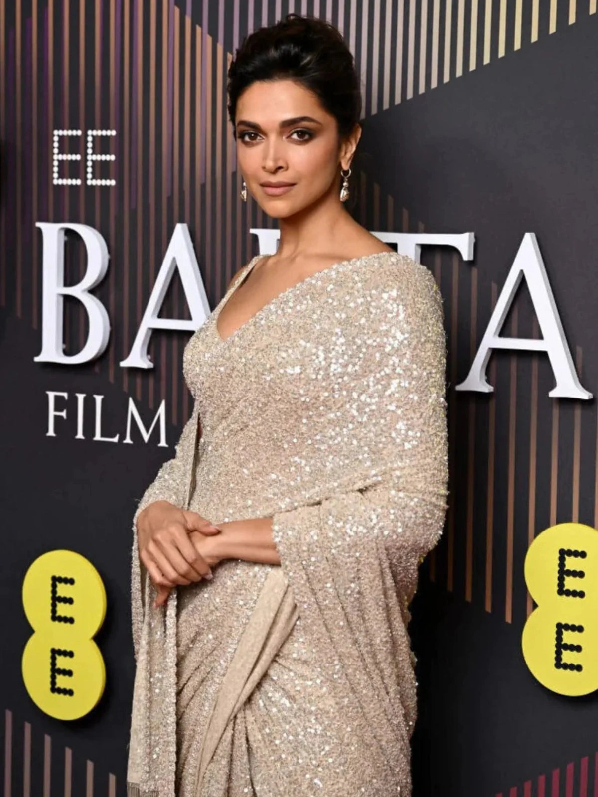 Deepika Inspired Georgette Gold Saree Full Sequins Embroidery with Cutwork Lace & Jhalar Border-70359897604177