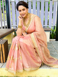 Madhuri Inspired Peach Palm Blooms Tissue Saree with Golden Lace Border