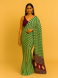 Ajrakh Printed Satin Crepe Silk Saree in Emerald Green & White Striped | Lightweight Daily Wear with Blouse Piece-1  Celebrity Drapes