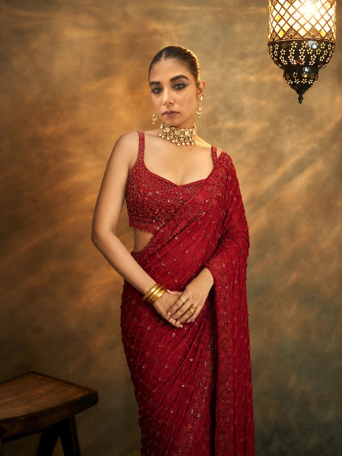 Bollywood Inspired Faux Georgette Embroidery Red Saree with Sequins Work