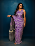 Ajrakh Printed Satin Crepe Silk Saree in Emerald Green & White Striped | Lightweight Daily Wear with Blouse Piece-2  Celebrity Drapes