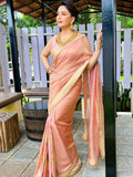Madhuri Inspired Peach Palm Blooms Tissue Saree with Golden Lace Border