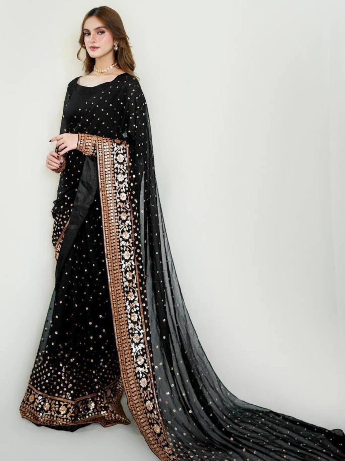 Bollywood Inspired Soft Georgette Black and Copper Gold Saree with Beautiful Sequins Work-70392746246225