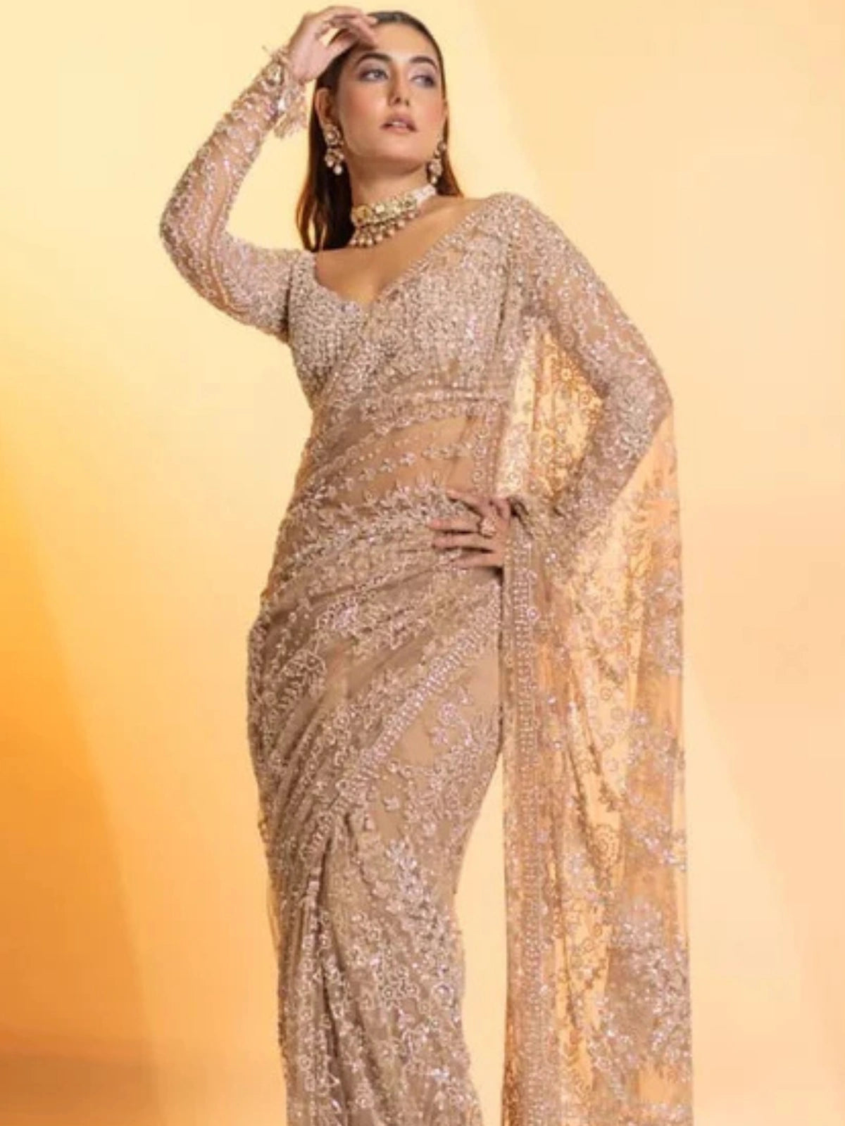 Bollywood Inspired Embroidered Golden Net Saree With Jhalar Border