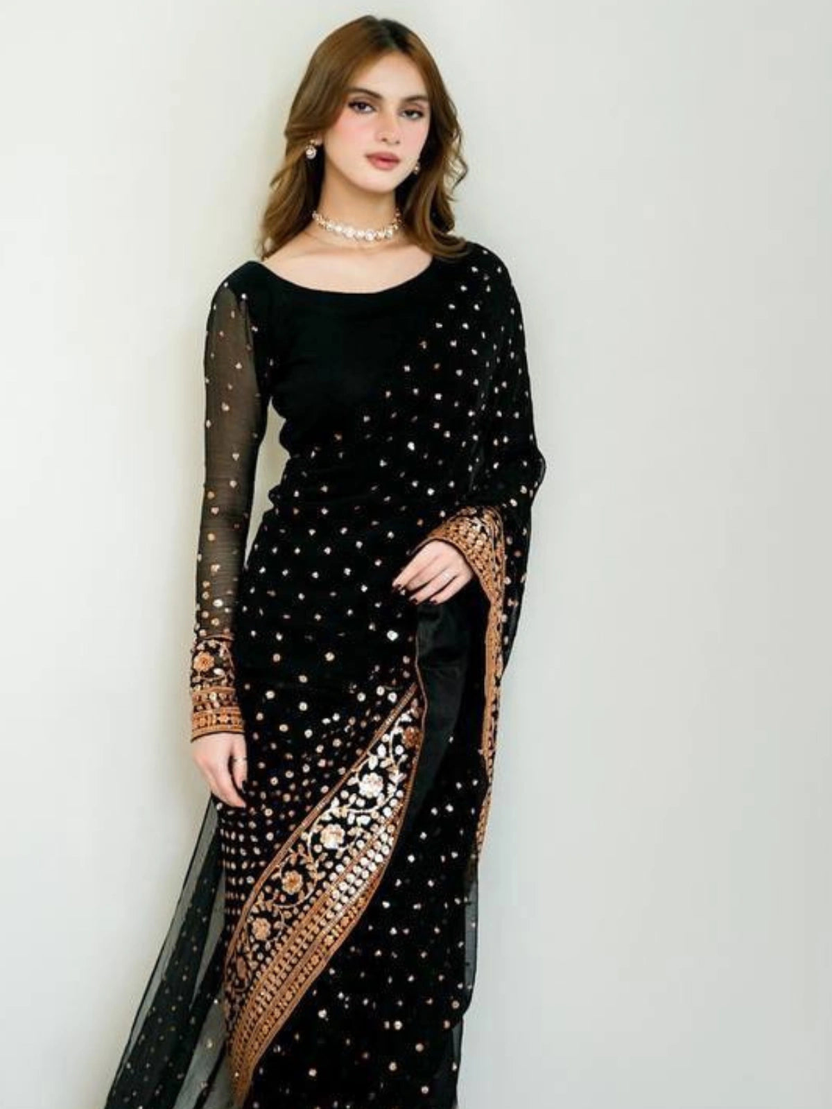 Bollywood Inspired Soft Georgette Black and Copper Gold Saree with Beautiful Sequins Work