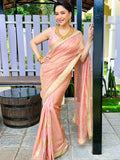 Madhuri Inspired Peach Palm Blooms Tissue Saree with Golden Lace Border