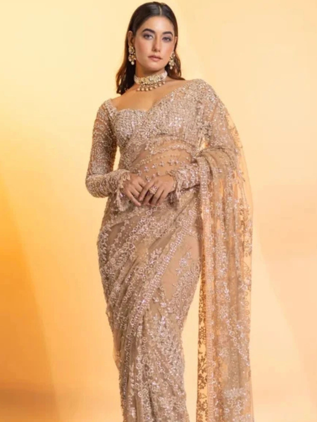 Bollywood Inspired Embroidered Golden Net Saree With Jhalar Border-70877965516881