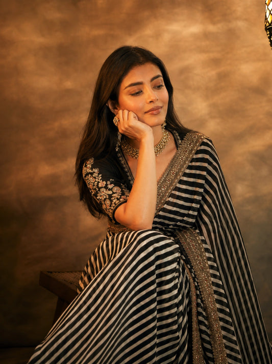 Bollywood Inspired Soft Georgette Leriya Black Saree with Embroidery-71843058253905