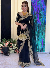 Bollywood Inspired Soft Rangoli Silk Black Saree with Beautiful Zari Embroidery
