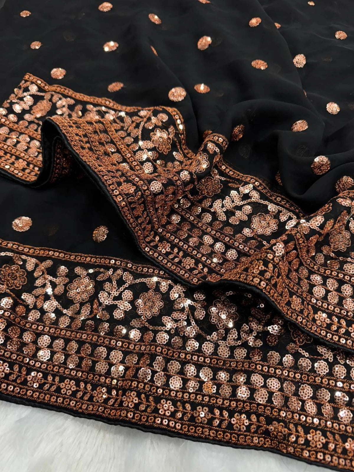 Bollywood Inspired Soft Georgette Black and Copper Gold Saree with Beautiful Sequins Work-70392746377297