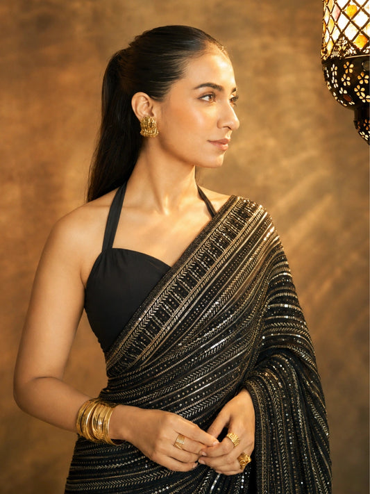 Bollywood Inspired Black Saree with Silver and Gold Sequin Work and Matching Blouse Piece-71843071459409