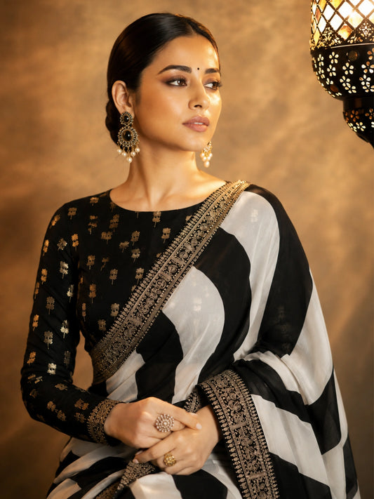 Parineeti Inspired Black & White Striped Printed Georgette Saree-71843062186065
