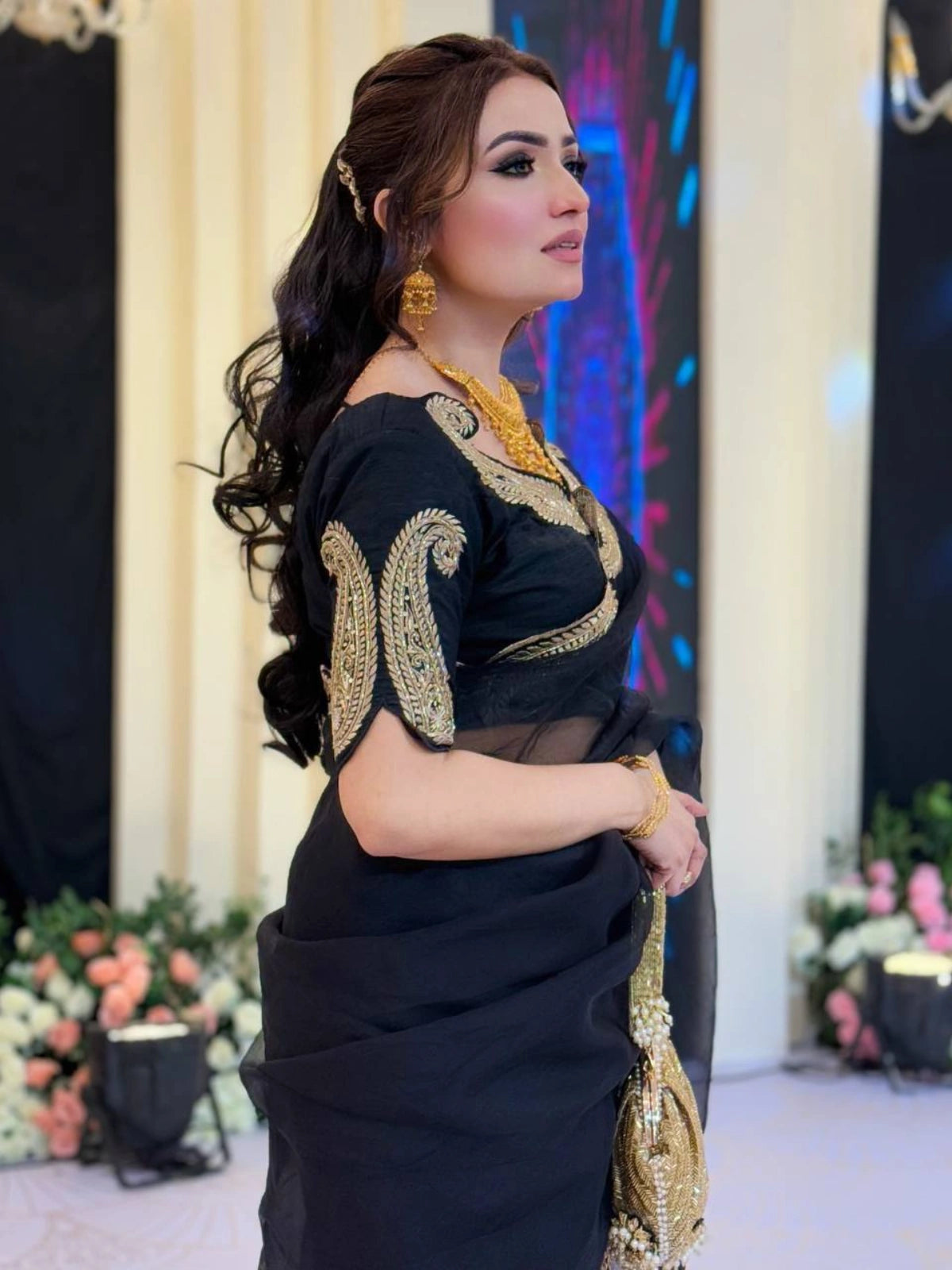 Bollywood Inspired Soft Rangoli Silk Black Saree with Beautiful Zari Embroidery