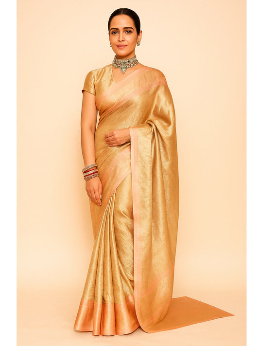 Rani Inspired  Banarasi Zari Gold and Pink Saree