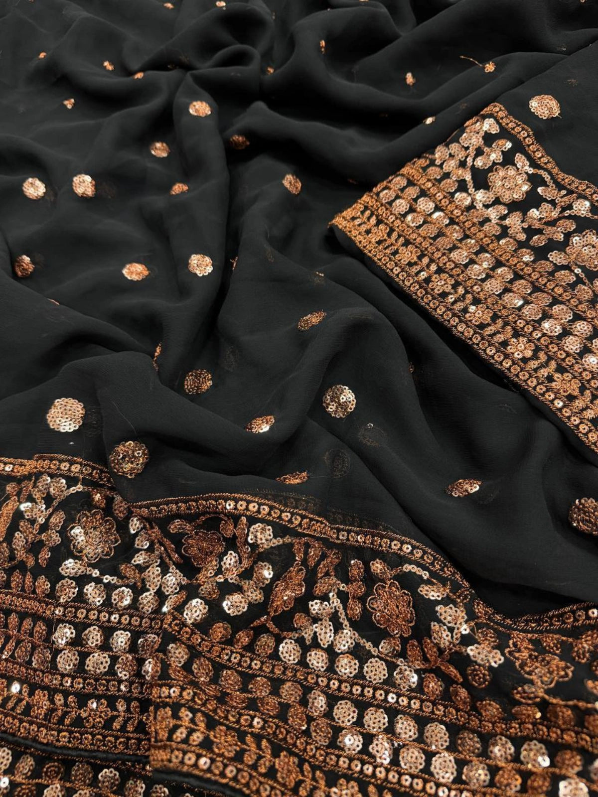 Bollywood Inspired Soft Georgette Black and Copper Gold Saree with Beautiful Sequins Work-70392746475601