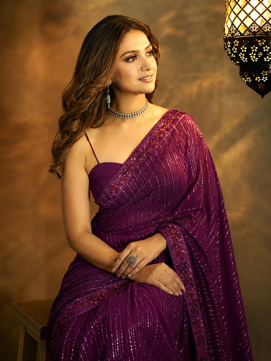Bollywood Inspired Heavy Georgette Sequins Embroidery Purple Saree-71930840154193