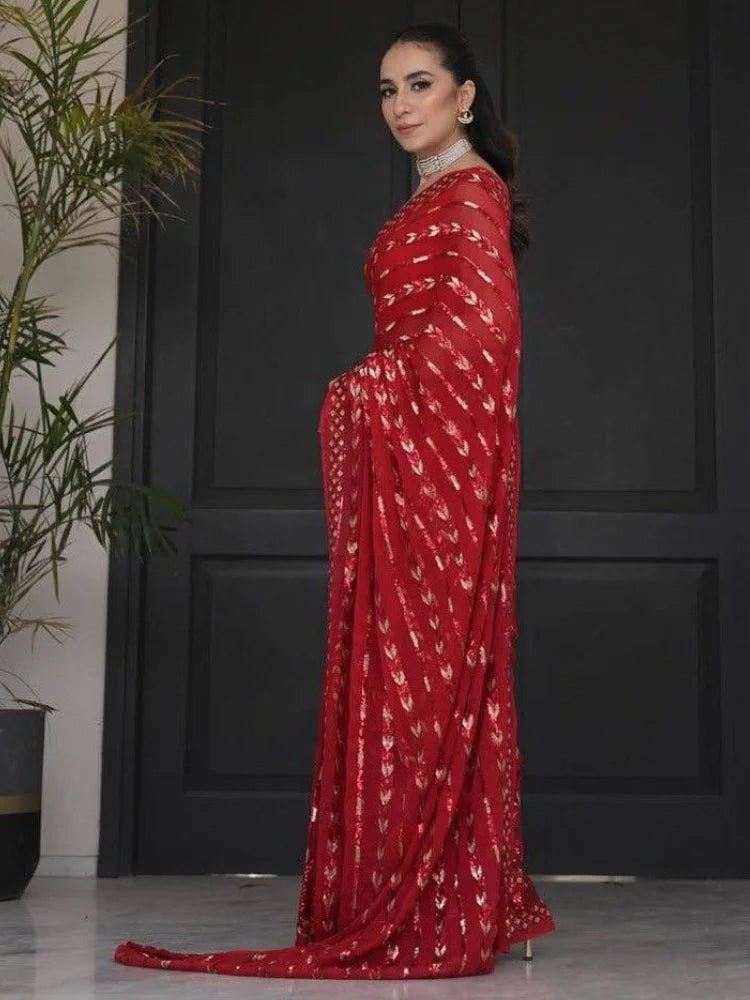 Bollywood Inspired Metallic Red Georgette Saree with Sequins-72117095399505