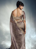 Designer Organza Saree with Heavy Embroidered Border & Blouse - Champagne Gold