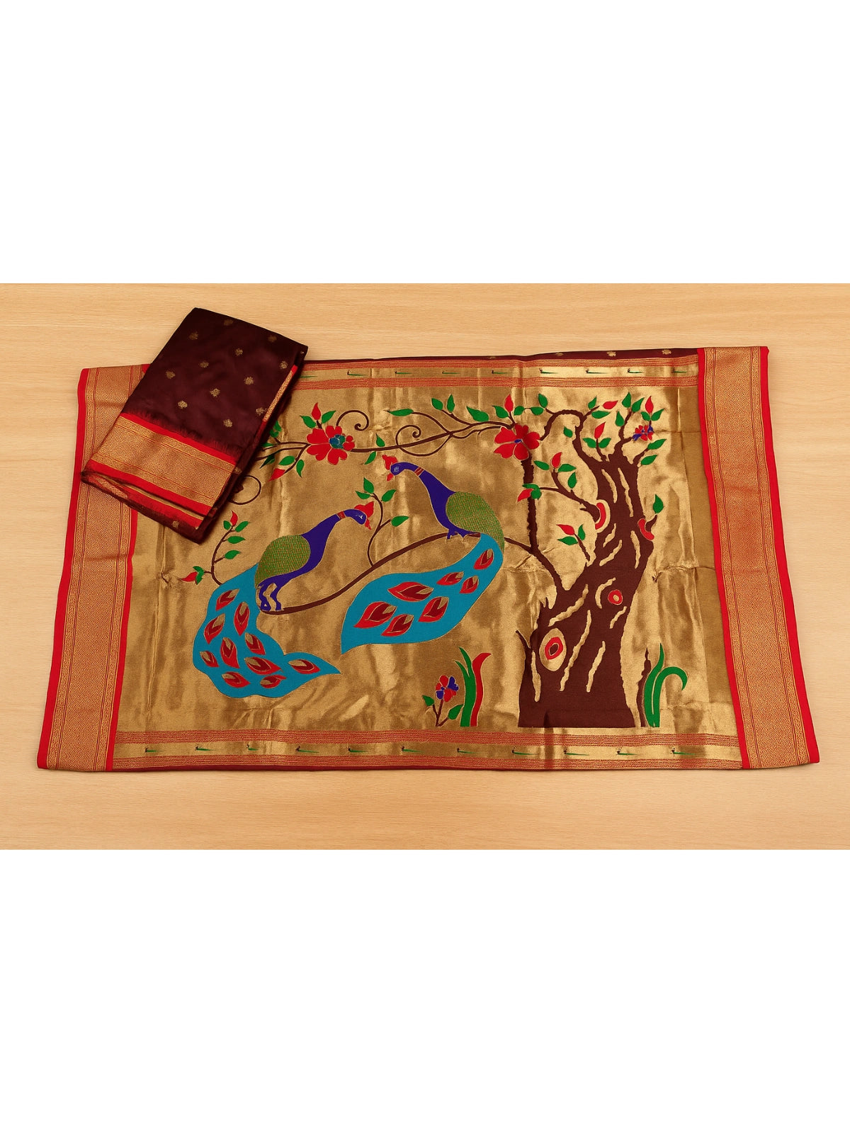Maharani Paithani Silk Saree with Rich Zari Weaving and Contrast Border - Brown