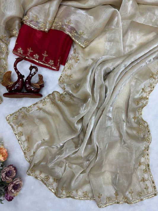 Soft Jimmy Choo Saree with Katdana and Sequin Work with Red Unstitched Blouse-67827747881041