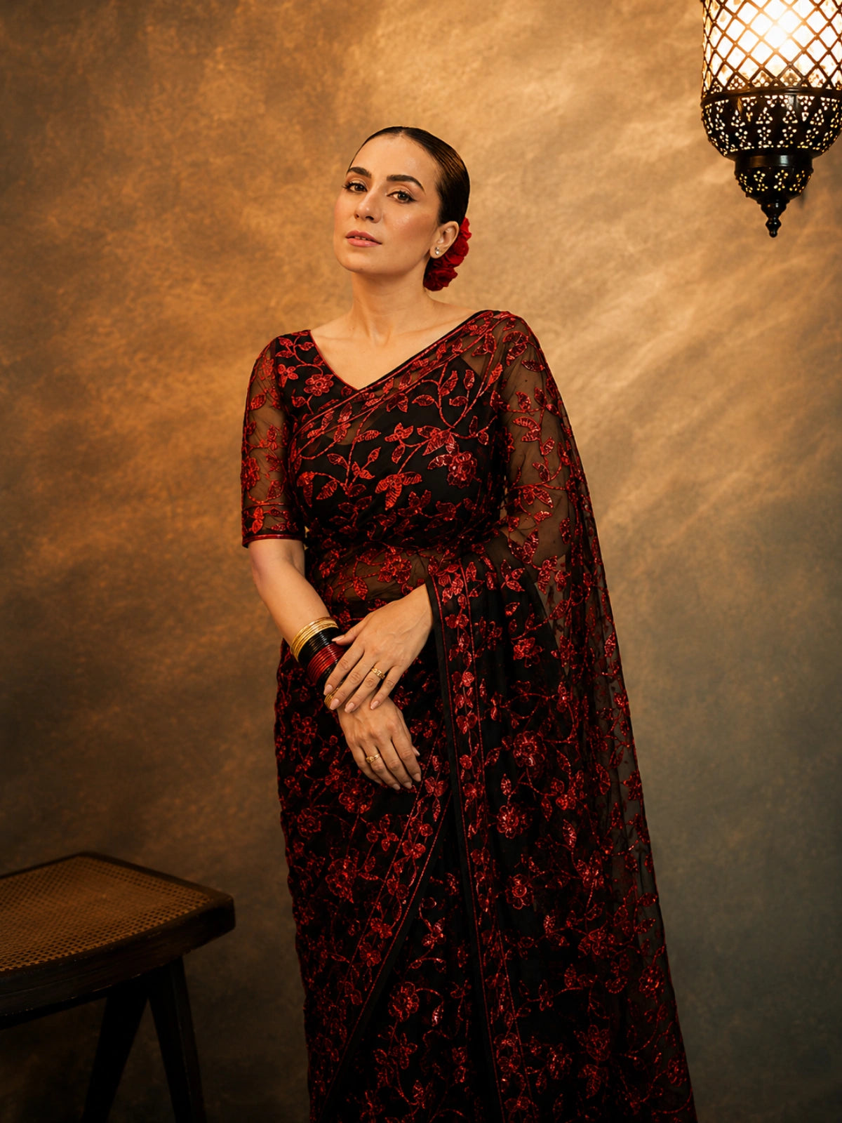 Bollywood-Inspired Red Faux Georgette Saree with Zaal Flower Sequins