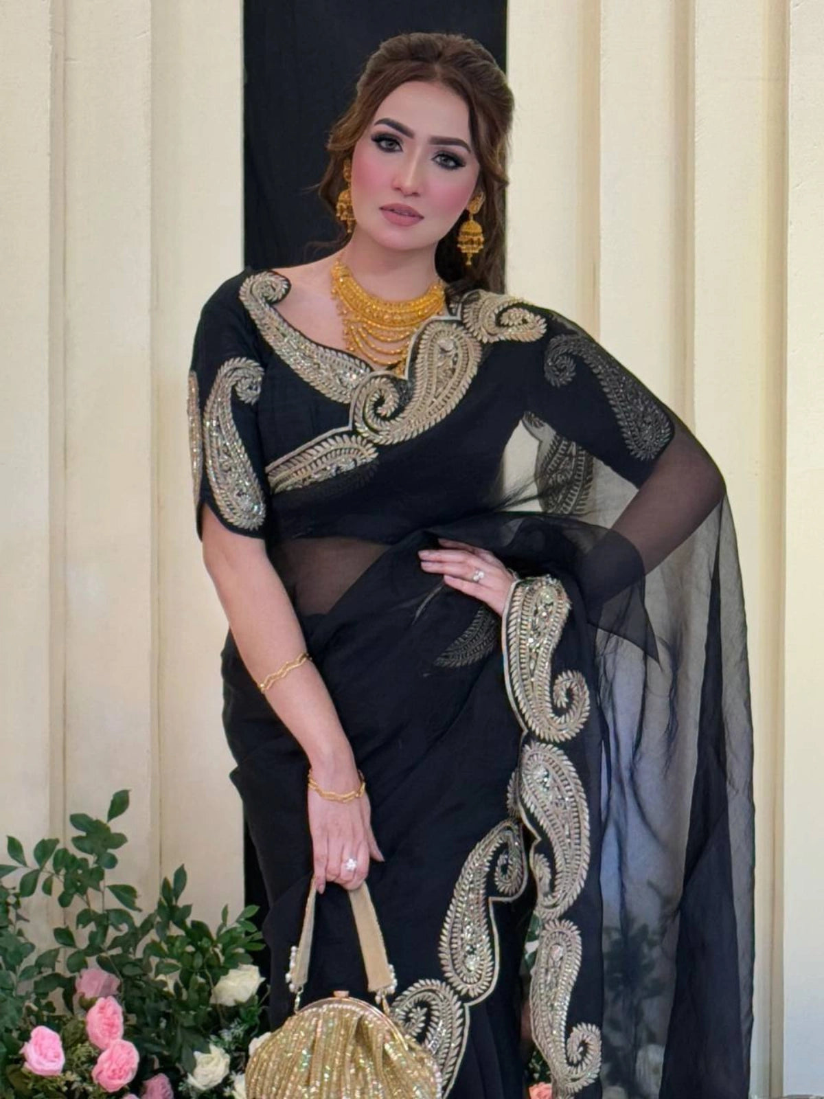Bollywood Inspired Soft Rangoli Silk Black Saree with Beautiful Zari Embroidery