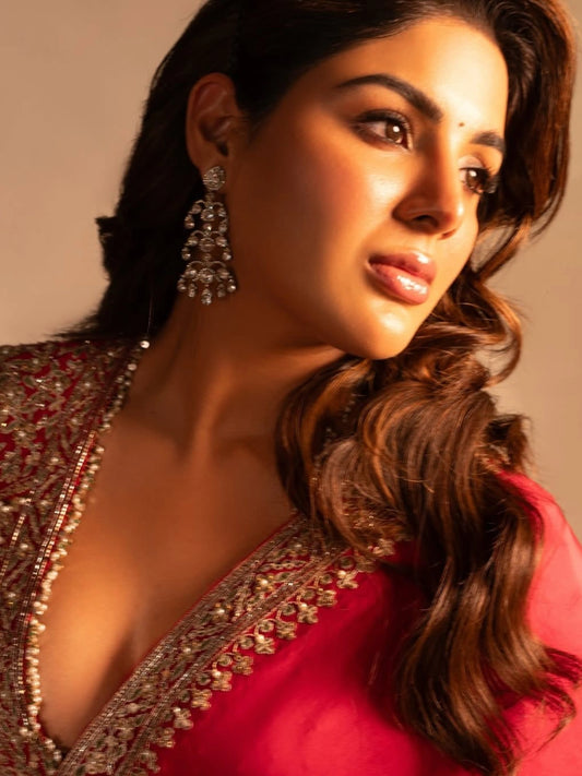 Samyuktha Inspired Red Saree with Golden Embroidery and Matching Designer Blouse Piece-70407678689361