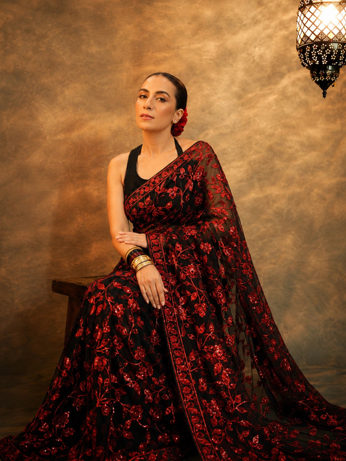 Bollywood-Inspired Red Faux Georgette Saree with Zaal Flower Sequins